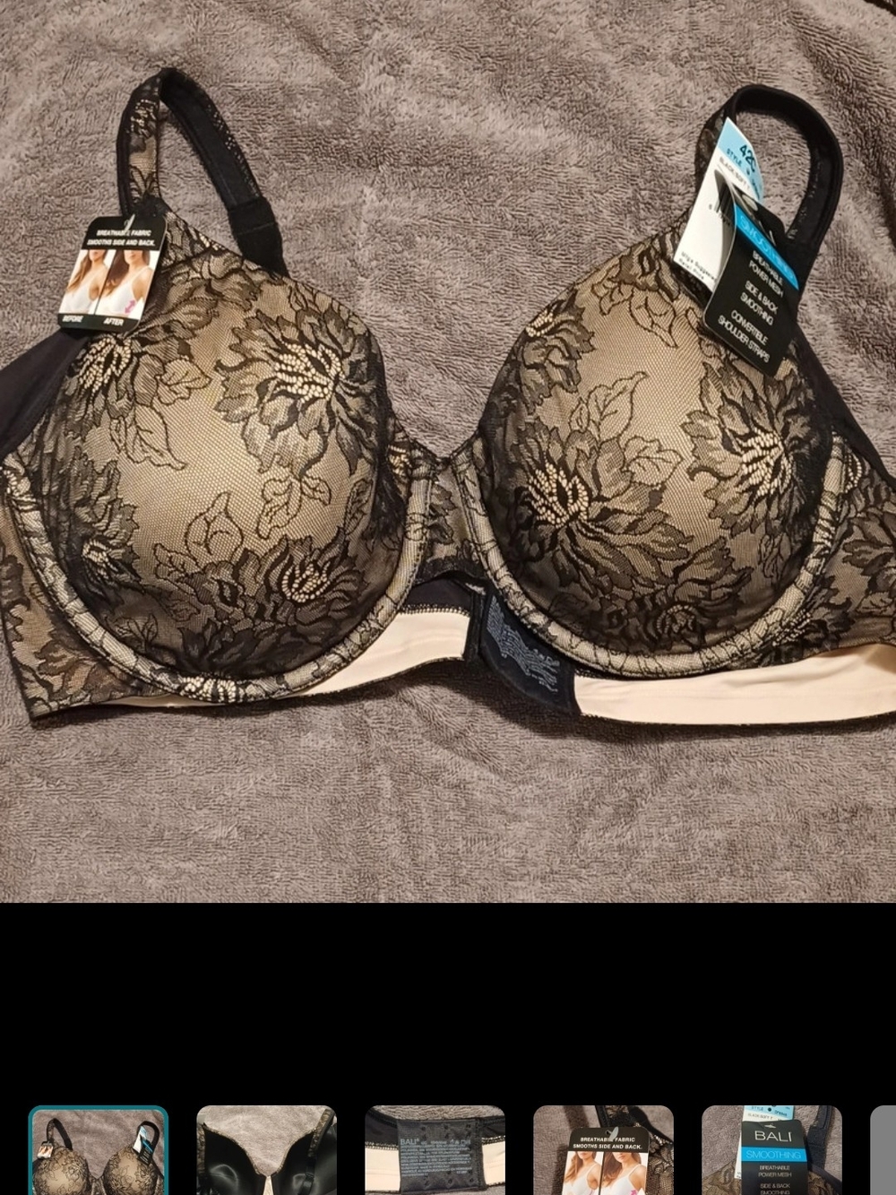 Bali Black Floral Lace-Overlay Underwire Bra with Taupe Lining